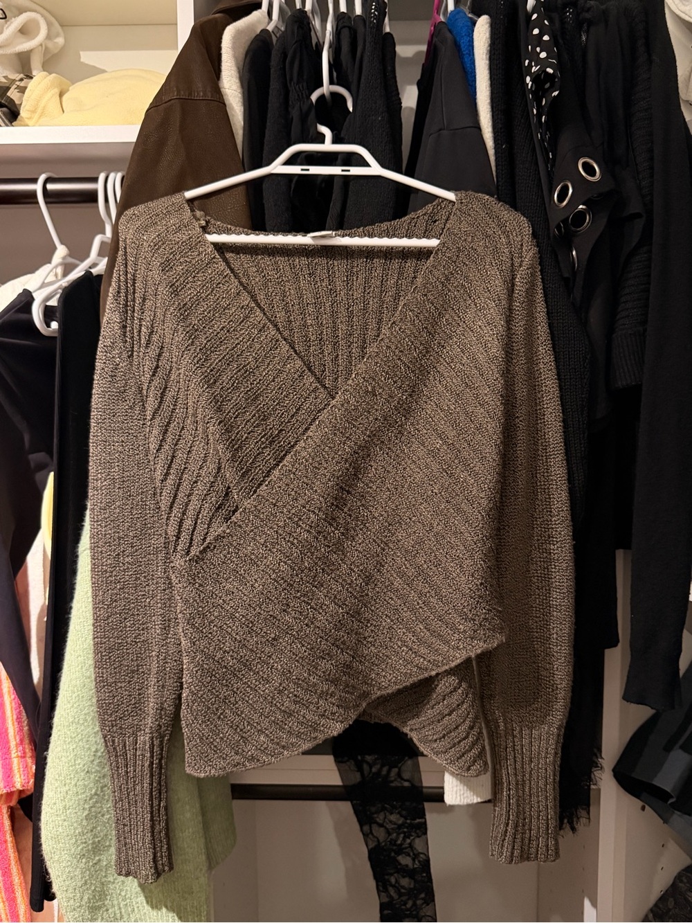 Brown Wrap Knit Women's Sweater - Classic V-Neck